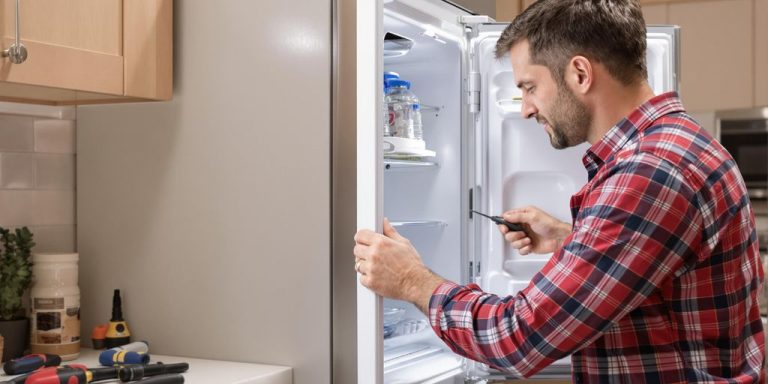 A man repairs a refrigerator in a kitchen, demonstrating essential tips for homeowners on appliance maintenance.